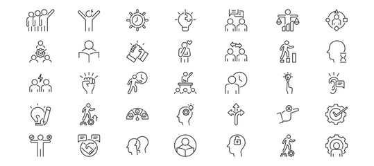 Soft skills Icon Set containing leadership, communication, decision making, upskilling and reskilling vector icons