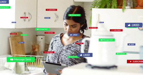 Checking social media notifications woman holding tablet in kitchen, with dish rack and potted fern