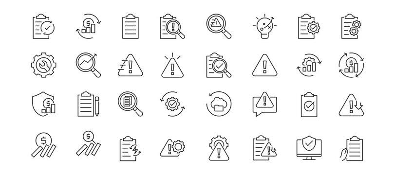 Business Continuity Icon Set Containing plan, risk analysis, threat analysis, risk reduction, management and mitigation vector icons