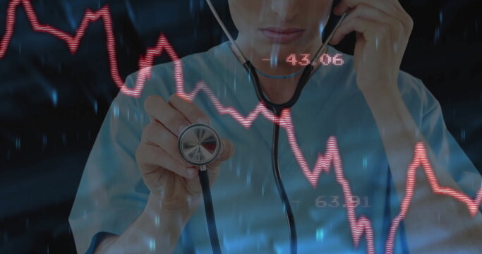Examining medical professional adjusting stethoscope on clinic display, with red graph, blue stream - Powered by Adobe