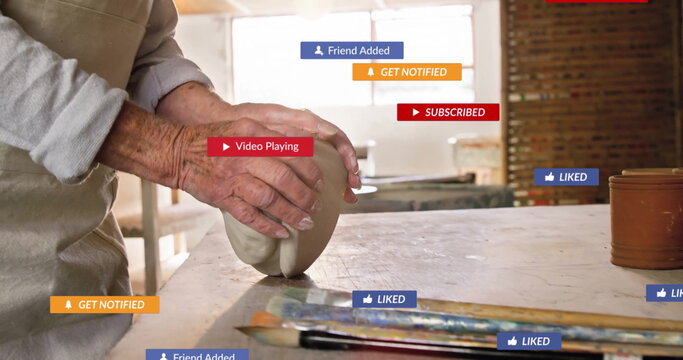 Shaping female artisan molding clay in pottery workshop with brushes, tools and notification badges - Powered by Adobe