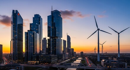 A cityscape with a modern skyline, featuring skyscrapers and wind turbines under a colorful sunset sky. It's a beautiful blend of urban and renewable energy.