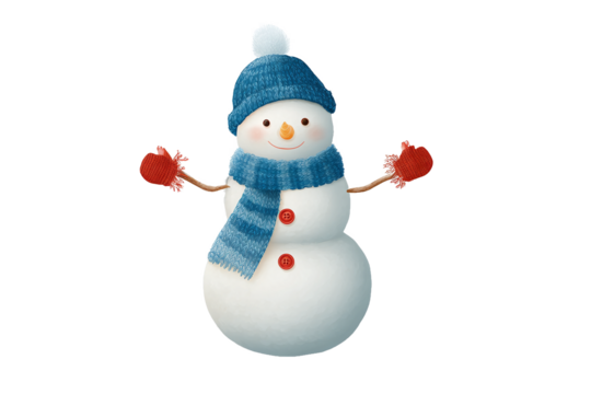 Cute Snowman with Blue Hat and Scarf, Red Mittens, isolated on white transparent background