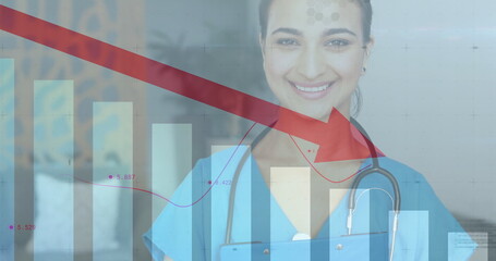 Standing nurse wearing blue scrubs stethoscope in clinic, clipboard bar-chart line-graph red arrow