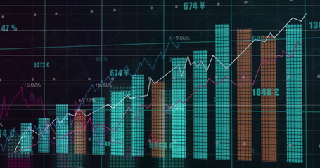 Showing chart on screen overlaying white line magenta graph with teal orange bars currency labels