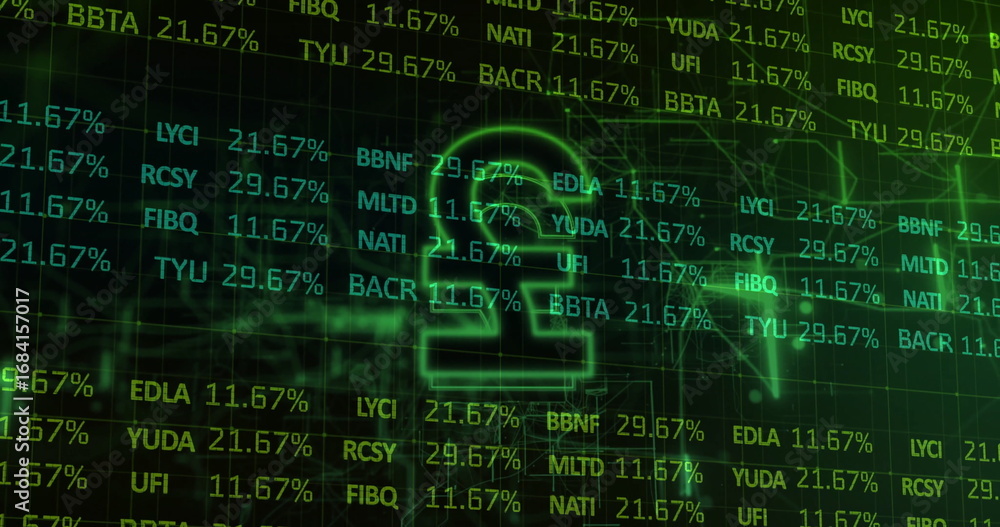 Poster dominating trading interface, glowing pound symbol pulsing above neon green grid and ticker codes