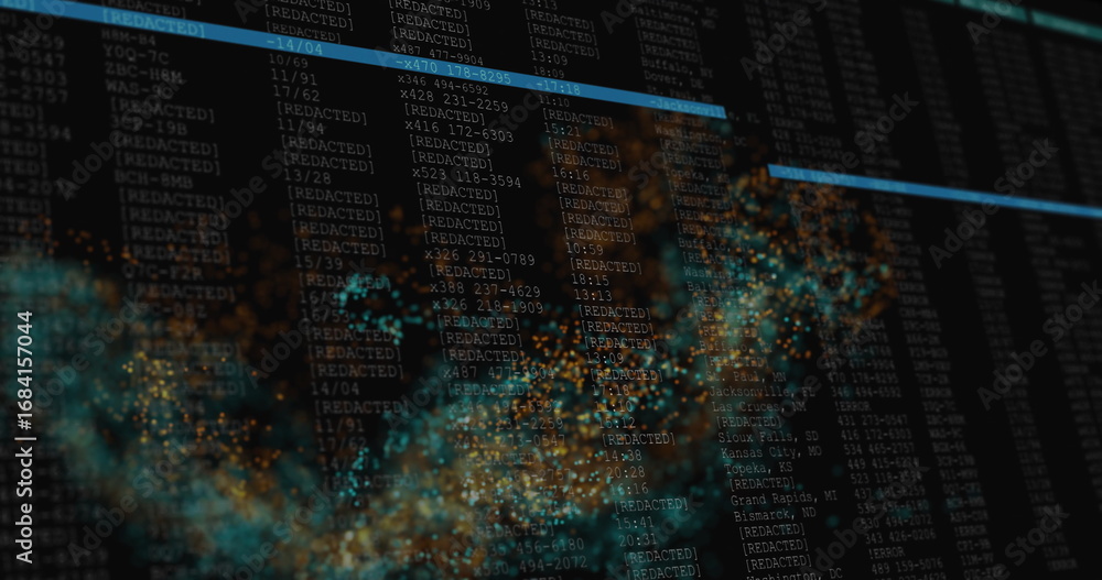 Poster animating glowing teal particles swirling over interface, with redacted code columns and bars