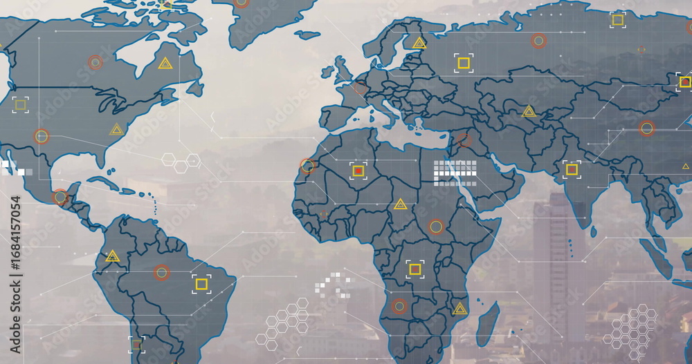 Aufkleber Displaying world map overlay floating over urban skyline, with data nodes and hex grid clusters