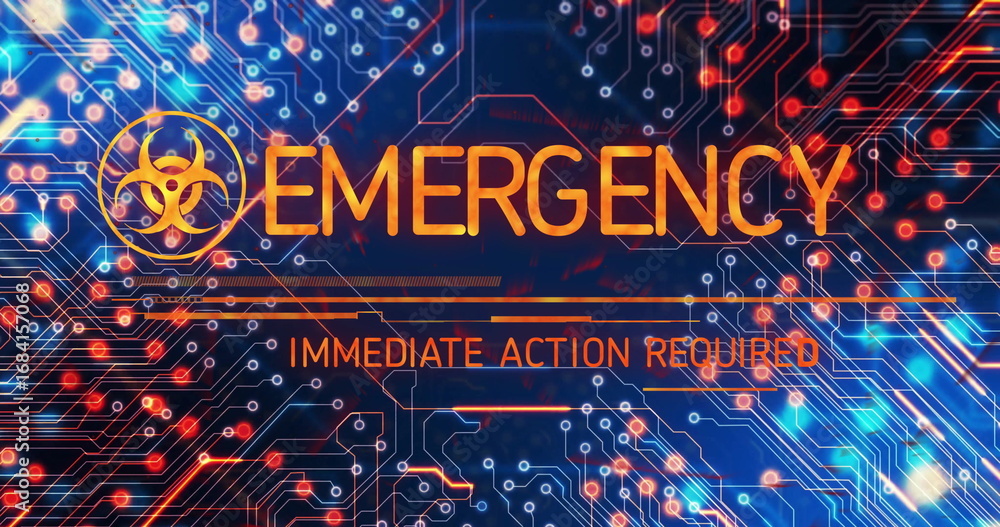 Poster displaying alert featuring orange biohazard symbol and emergency text on screen with circuit traces