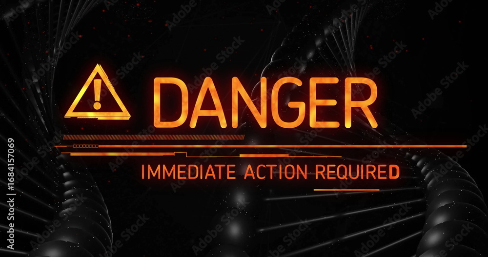 Poster displaying glowing orange warning sign flashing on sci-fi interface with helix shapes and particles