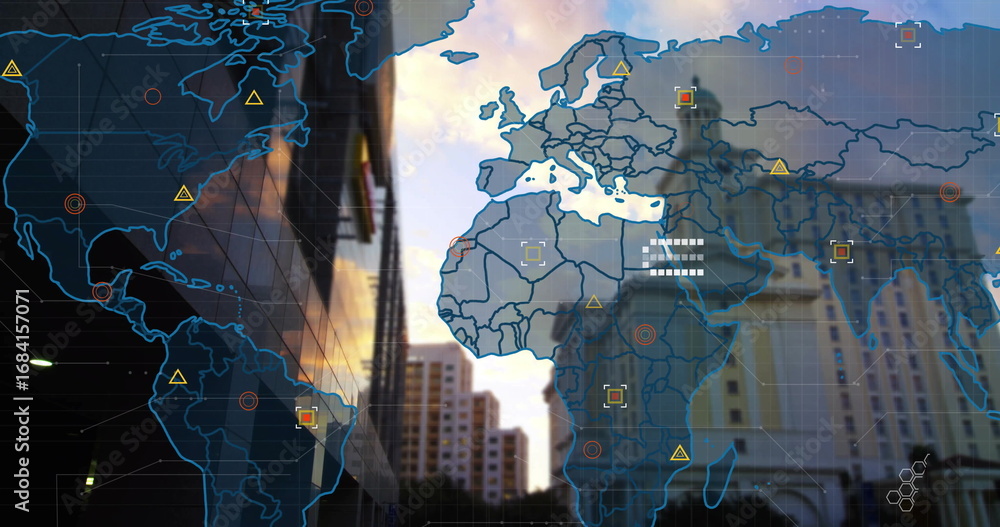 Poster showing city skyline at dusk under translucent world map overlay, with alert target and data icons