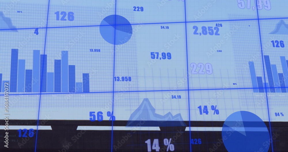 Poster displaying digital screen showing bar, line, pie charts and numeric labels in control room