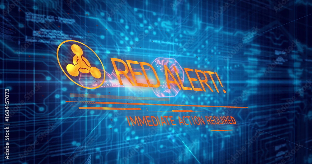 Poster displaying network icon with red alert subheading immediate action required over blue circuit board