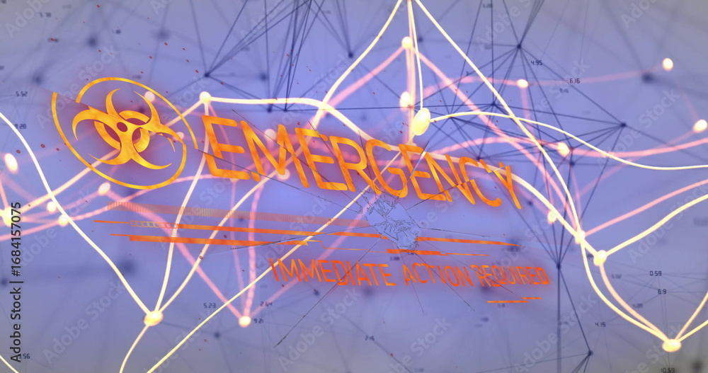 Poster displaying emergency alert on dashboard, biohazard symbol, action required text and glowing nodes