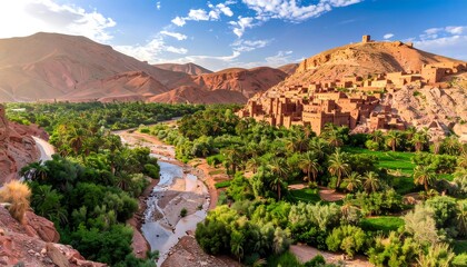Naklejka premium A breathtaking vista of a Moroccan oasis, showcasing a vibrant valley, lush greenery, and ancient terracotta buildings nestled amongst the red mountains.