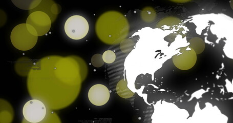 Displaying stylized dotted world map on dark background, with yellow-green bokeh lights, copy space