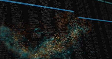 Animating glowing teal particles swirling over interface, with redacted code columns and bars