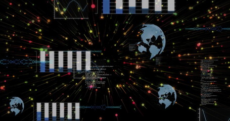 Displaying data network radiating light on black canvas, with bar charts, globes, code lines, nodes
