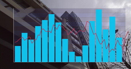 Displaying cyan bar chart overlaying building facade on street corner, with red line graph
