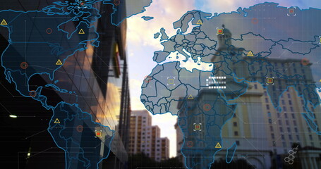Showing city skyline at dusk under translucent world map overlay, with alert target and data icons