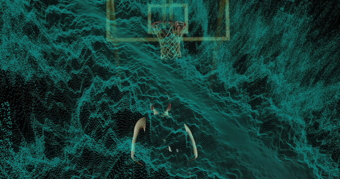 Leaping player wearing jersey shorts performing dunk on virtual court with hoop, teal waves - Powered by Adobe
