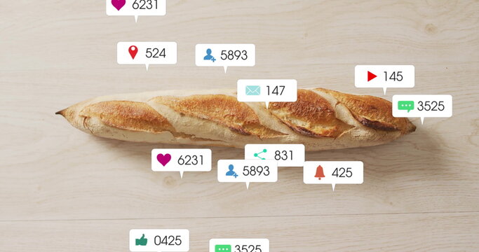 Floating social media notification icons orbiting French baguette on wooden tabletop, digital art
