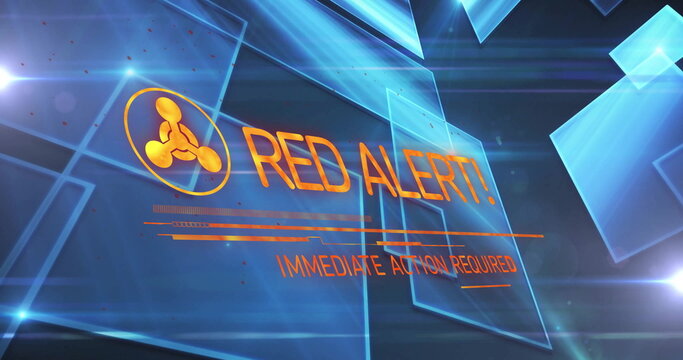 Showing RED ALERT! warning icon and IMMEDIATE ACTION REQUIRED in HUD, with blue panels and bars - Powered by Adobe