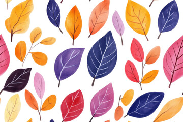 Fototapeta premium Colorful painted leaves scatter on a white background, creating a vibrant abstract pattern with warm and cool hues, soft textures, and a playful organic rhythm ideal for design, decor, and creative