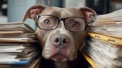 A dog wearing glasses looks directly at the viewer from behind a stack of files, conveying a humorous and intelligent expression.