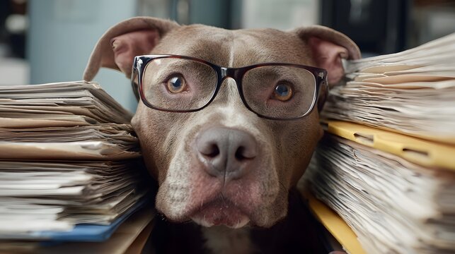 A dog wearing glasses looks directly at the viewer from behind a stack of files, conveying a humorous and intelligent expression.