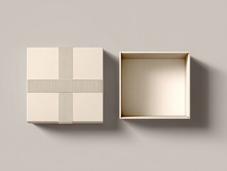 Beige gift box, open, light neutral background