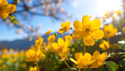 Fototapeta premium Vibrant yellow flowers bloom in a field, bathed in sunlight, against a backdrop of a clear blue sky and distant mountains.