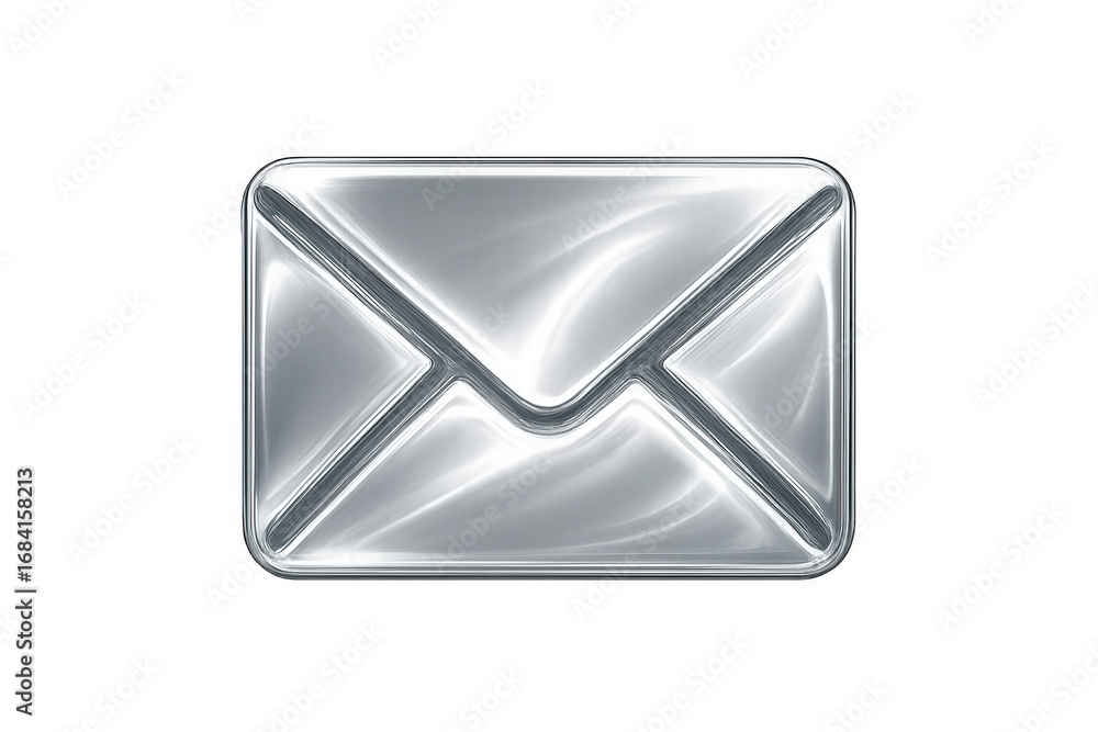 Poster gleaming chrome email icon symbolizing digital communication, messaging on transparent backdrop