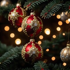 Ornate Christmas baubles on a tree