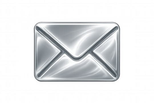 Gleaming chrome email icon symbolizing digital communication, messaging on transparent backdrop