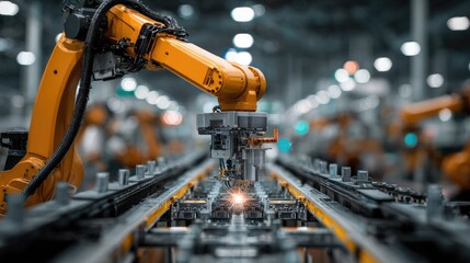 Automated robotic arm working on assembly line