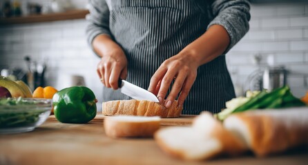 A person slicing bread on a wooden board, surrounded by fresh vegetables in a kitchen. Great for cooking blogs, recipe websites, or kitchenware brand promotions.