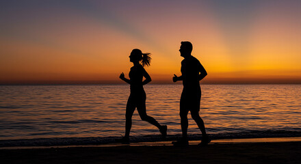 Silhouetted Couple Jogging on Beach at Sunset with Orange Sky Reflection