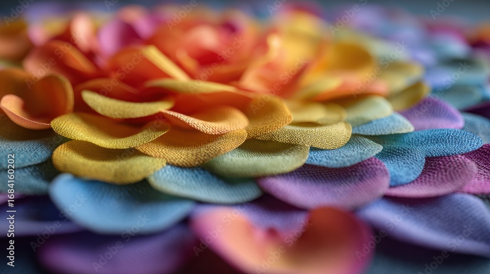 Poster medium shot featuring a circular arrangement of colorful flower petals on textured fabric petals in 