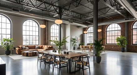 Naklejka premium Spacious Industrial-Chic Open-Plan Loft Interior with Modern Furniture and Large Arched Windows