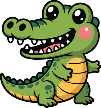 Vector art of cute cartoon crocodile happy green reptile character with a sweet smile and big eyes funny vector illustration of a wild animal for kids design and decoration
