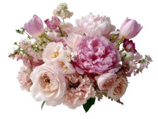 A lush bouquet of soft pink and blush-colored flowers