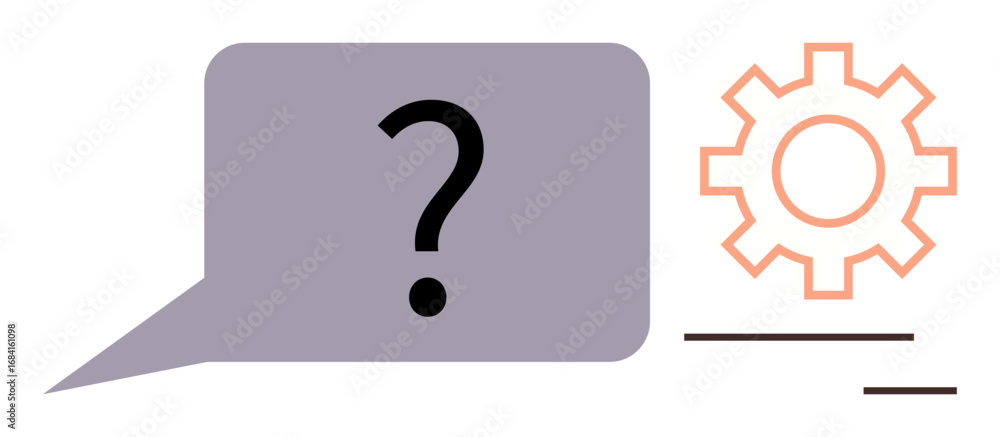 Poster speech bubble with bold question mark next to a gear and minimal lines. ideal for problem-solving, c