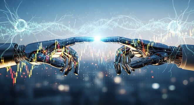 AI Connection: Robotic hands touching, symbolizing data transfer, neural networks, and the future of technology.