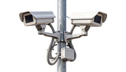 Two security cameras mounted on a metal pole