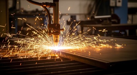 Automated metal cutting with intense sparks. Industrial plasma cutting machine in action during manufacturing process.