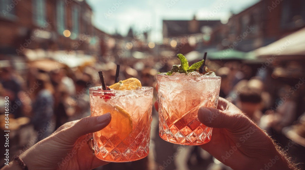 Poster medium capture of a couple toasting with traditional cocktails at an openair food fair sharp on glas