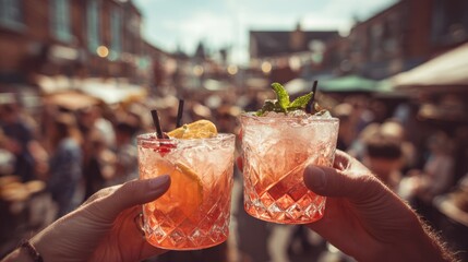 Medium capture of a couple toasting with traditional cocktails at an openair food fair sharp on glasses while crowd diffuses softly.