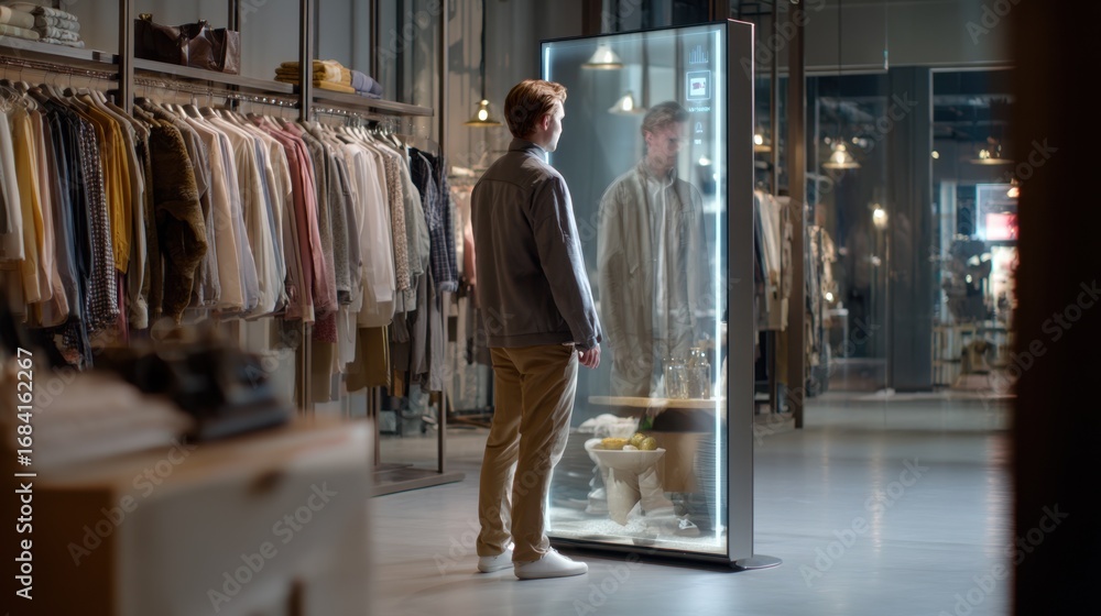 Poster medium shot of a man instantly switching styles on a touchcontrolled ai mirror emphasizing the clear