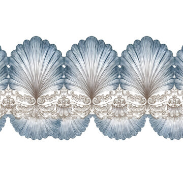Elegant blue and silver seashell border pattern.